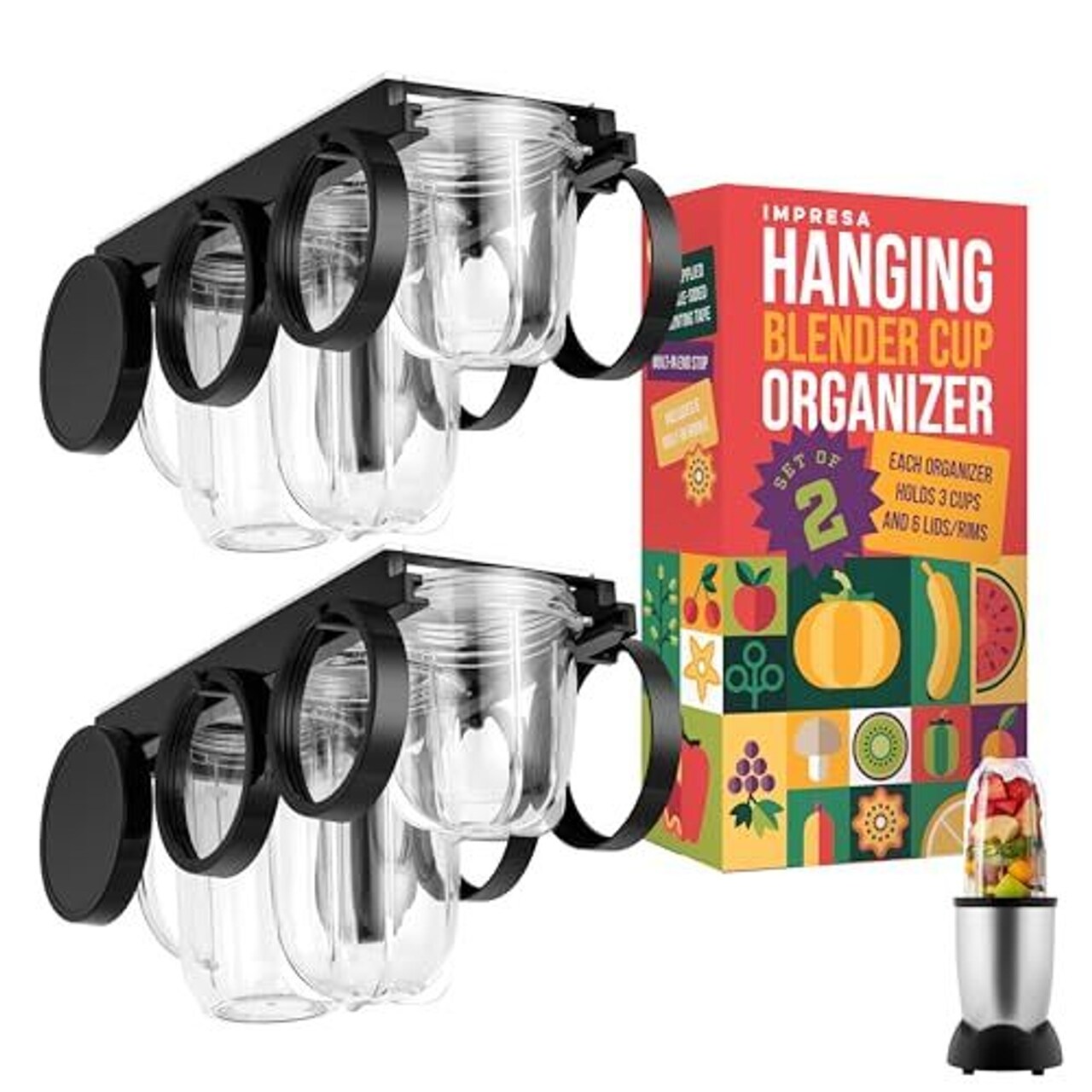 IMPRESA Kitchen Storage Cup Holder - Under-Shelf Hanging Blender Cup Organizer - Space-Saving Bullet Blender Organizer - Compatible with Magic Bullet - 2-Pack Black Plastic